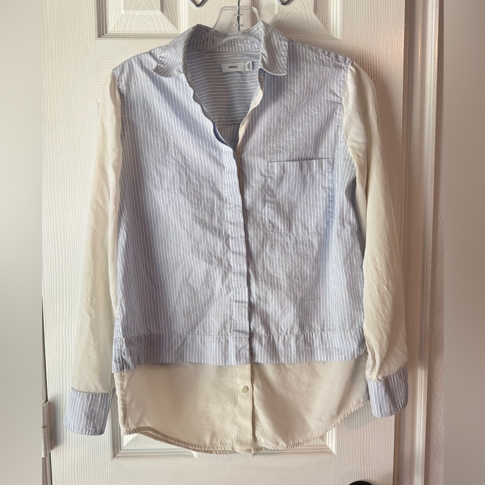 Vince Women's Cotton and Silk Blouse Size 2 Blue and White Stripe Button Down